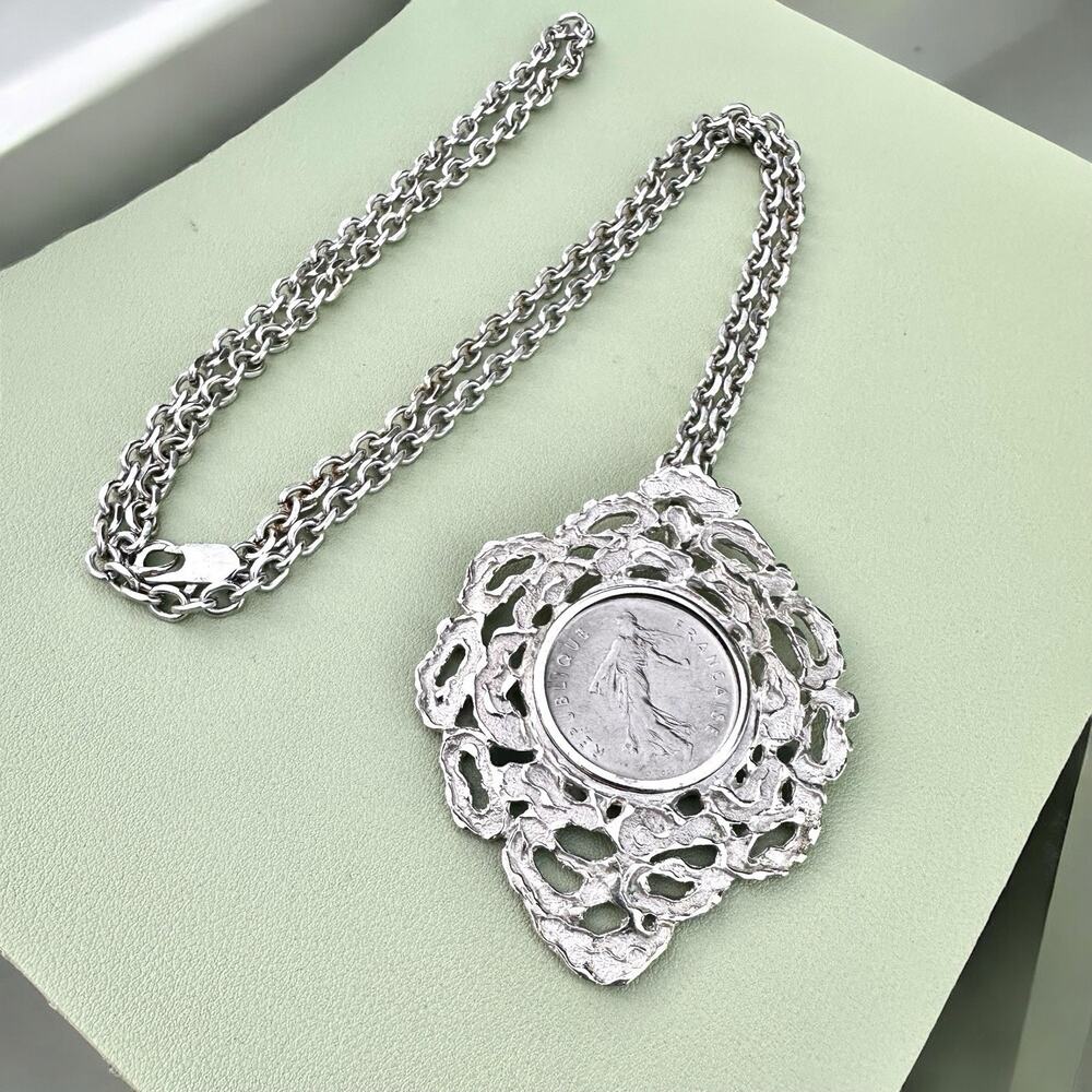Brutalist Coin Necklace Silver Tone French Vintage Pendant Large Franc Statement